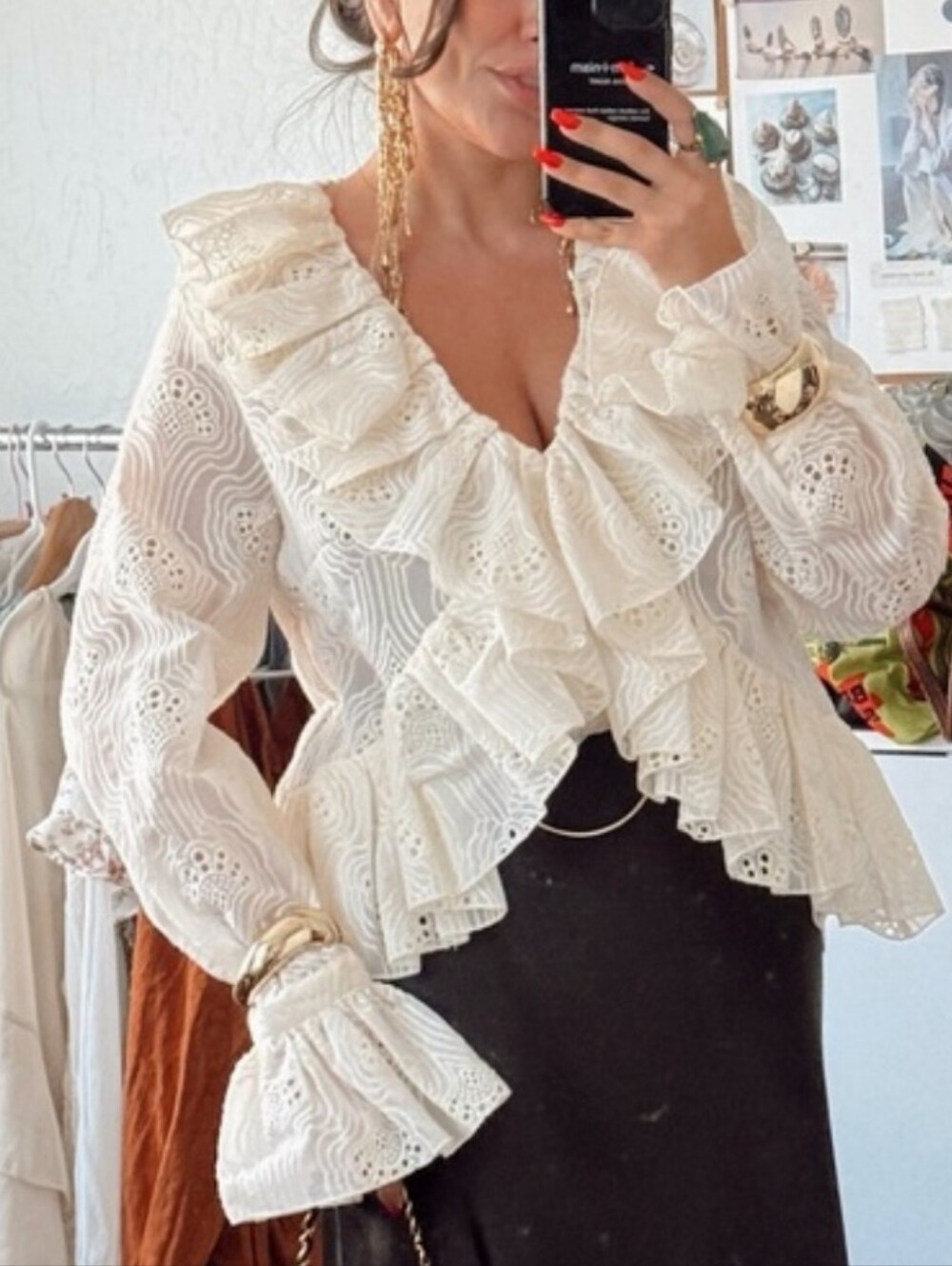 H&M Cream Frill Trimmed Long Sleeve Ruffle Blouse - Picture 2 of 12